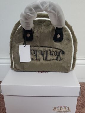 Von Dutch Olive Faux Fur Mini Dome Bag with White Trim